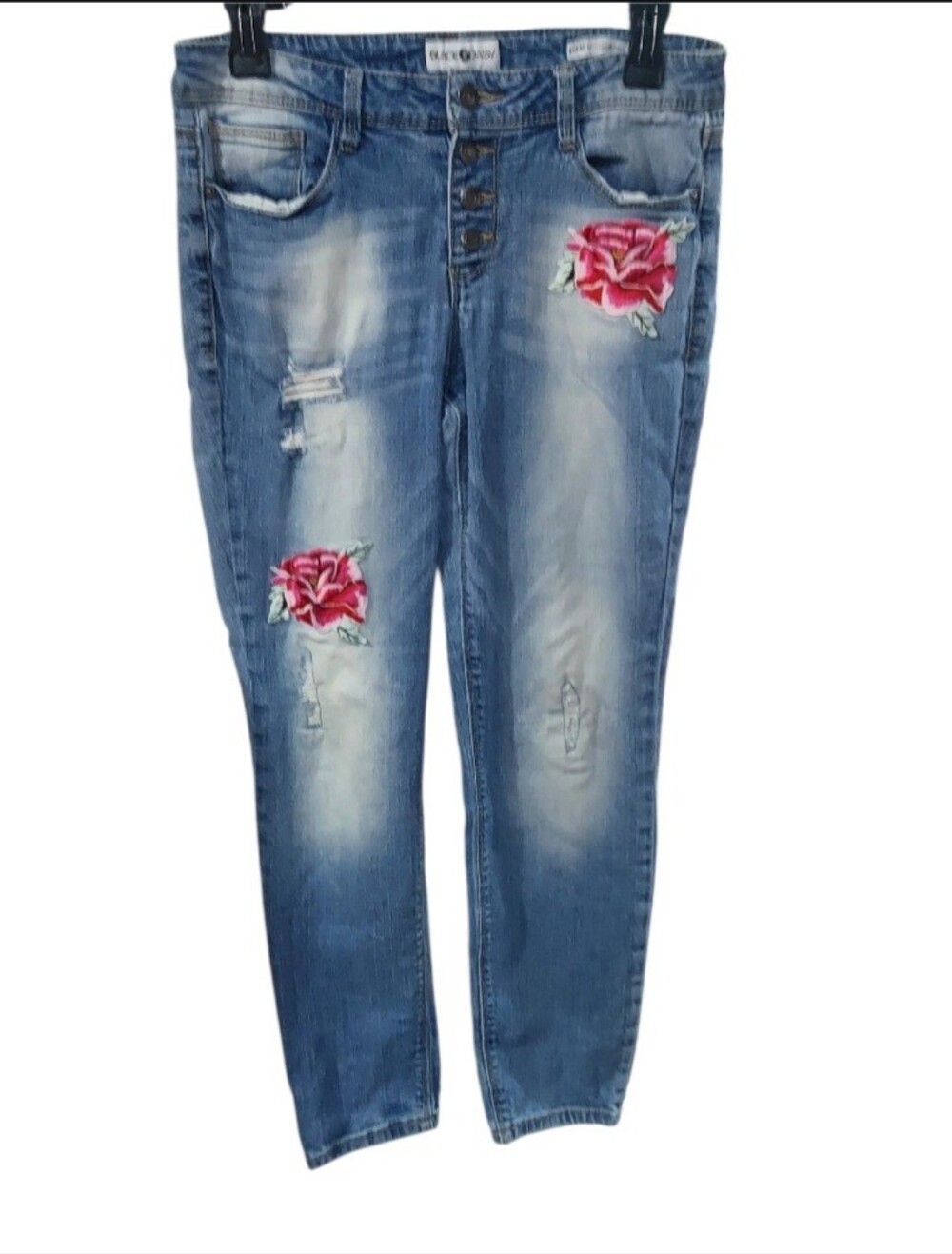 Black Daisy Distressed Relaxed Skinny Roses Applique Jeans Size 7
